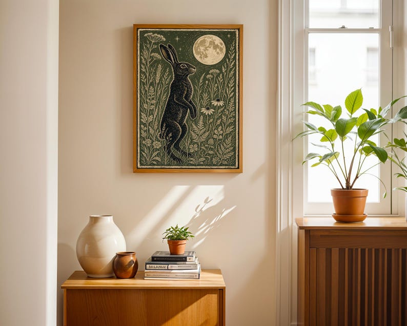 Hare in Moonlit Meadow Poster, Japanese Woodblock Art Print, Linocut Woodland Wall Decor image 6