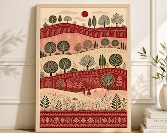Palestinian Folk Art Print, Olive Tree Landscape, Rural Village Decor, Textile Illustration Style