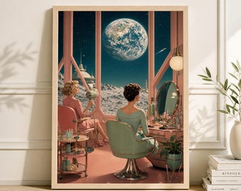 Retro Sci-Fi Hair Salon Print, 70s Cosmic Lunar Landscape Art