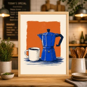 Moka Pot Art Print Set, Modern Blue and Orange Kitchen Decor, Coffee Wall Art