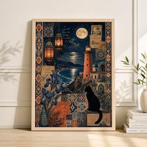 May include: A framed art print featuring a coastal scene at night. The artwork depicts a lighthouse, a full moon, and a black cat. The print incorporates floral and tile patterns, with text elements in multiple languages.