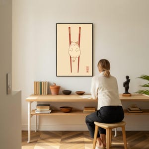 Lámina artística de gato japonés, decoración de pared minimalista zen, póster de palillos con gato imagen 6