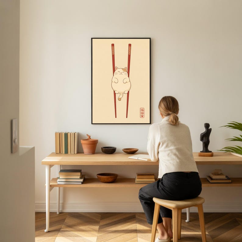 Lámina artística de gato japonés, decoración de pared minimalista zen, póster de palillos con gato imagen 6