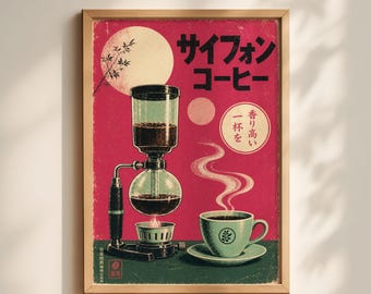 Könnte beinhalten: Vintage-Poster mit japanischem Text, das einen Siphon-Kaffeebereiter und eine Tasse Kaffee zeigt. Der Hintergrund ist rot, mit einem großen weißen Kreis und einem kleineren rosa Kreis. Die Kaffeetasse ist hellgrün.