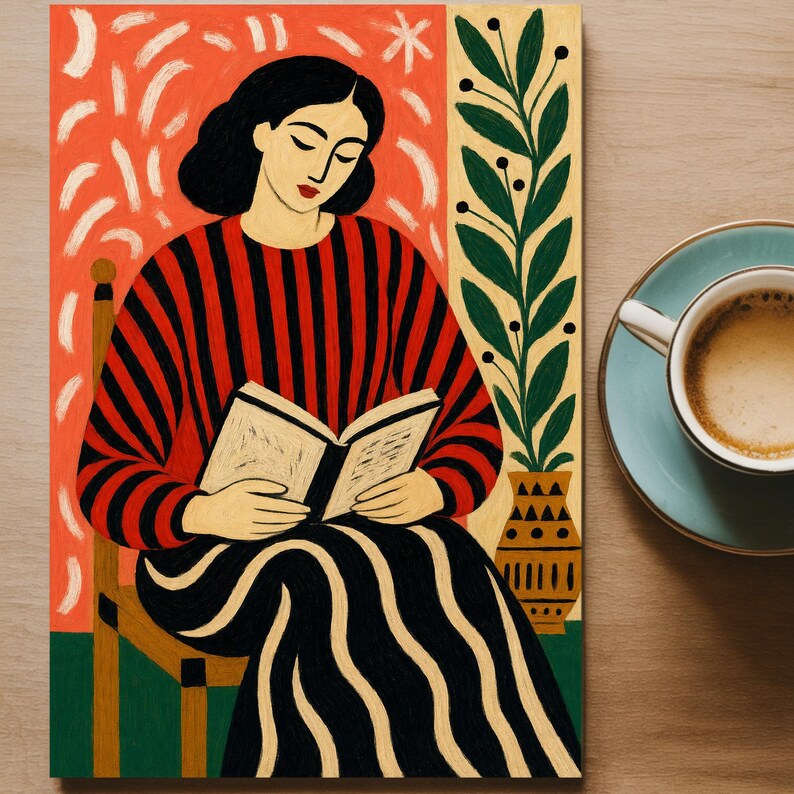 Woman Reading Book Art Print, 70s Retro Poster, Expressionist Figurative Wall Decor image 9