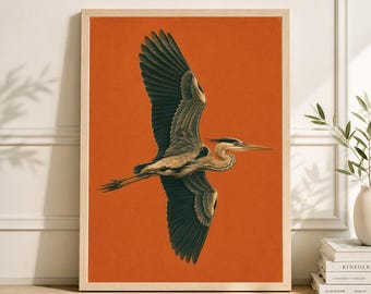 Vintage Heron Print, Mid Century Modern Bird Poster