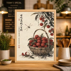 May include: A framed print featuring a traditional Asian-style illustration. A woven basket overflows with red lychees, with some scattered around. A dragonfly hovers above the basket, and text is visible on the left side.