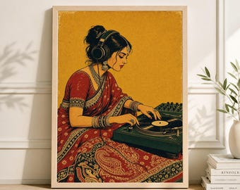 Póster de DJ en sari, ilustración estilo grabado en madera vintage, arte de DJ femenina de inspiración india.