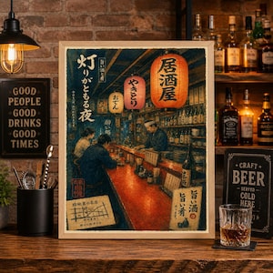 May include: A framed print depicting a Japanese izakaya scene. The artwork features patrons at a bar, illuminated by paper lanterns. Text in Japanese is visible, along with bottles of sake and beer. The color palette includes warm reds, oranges, and blues.