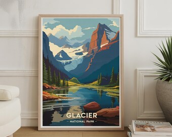 May include: Framed art print featuring a stylized landscape of Glacier National Park. The artwork depicts a mountain range, a lake, and evergreen trees in shades of blue, green, and orange. The text "GLACIER - NATIONAL PARK" is at the bottom.