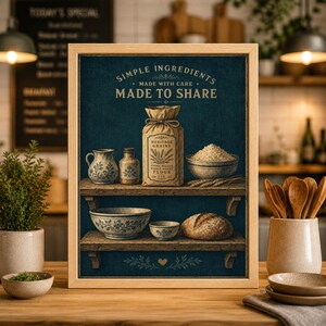 Peut inclure: Une affiche encadrée représentant une scène de cuisine rustique. L'œuvre d'art présente des étagères avec divers ingrédients et outils de boulangerie, dont un sac de farine, des bols et un pain. Le texte dit "Simple Ingredients, Made with Care, Made to Share."