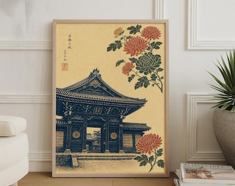Beige Green Asian Temple Poster, Woodblock Palace Architecture Art, Vintage Japanese Wall Print