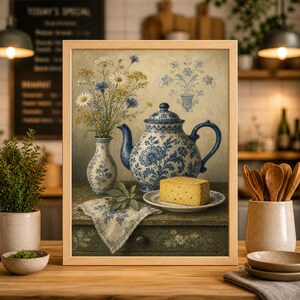 Può includere: Stampa incorniciata con una natura morta con una teiera blu e bianca, un vaso di fiori e un pezzo di formaggio. La teiera e il vaso hanno un motivo floreale. La stampa è su un tavolo di legno.