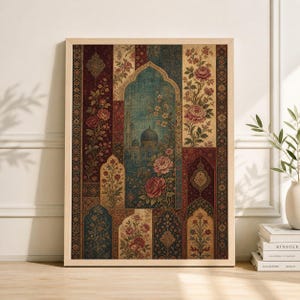 May include: A framed art print featuring a detailed, patterned design with floral and architectural elements. The artwork incorporates a color palette of burgundy, teal, and cream, with a central archway design and a domed structure. The print is in a light-colored wooden frame.