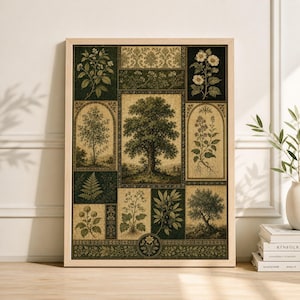 May include: A framed botanical print with a collage of plant illustrations in green, beige, and brown. The artwork features trees, flowers, and foliage in a grid pattern. The frame is made of light wood.