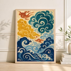 May include: A framed art print featuring a stylized depiction of clouds and waves. The artwork showcases swirling blue, yellow, and red clouds above a sea of blue waves. The print is in a light-colored wooden frame.