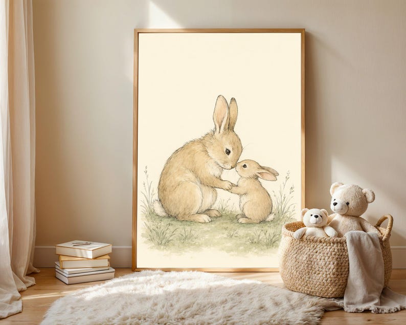 Rabbit Nursery Print, Woodland Bunny Wall Art, Parent and Child Watercolor Illustration image 3