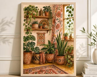 Botanischer Garten Druck, gemütliche Boho Zimmerpflanze Illustration, Zimmerpflanze Wandkunst