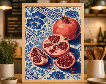 May include: A framed art print featuring a still life of pomegranates. The pomegranates are depicted in shades of red, with one whole and two halves, set against a blue and white patterned background. The frame is a light wood color.