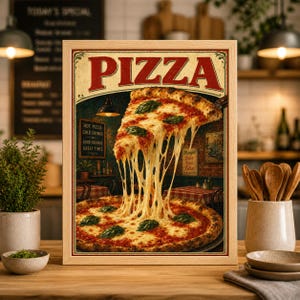 May include: A framed vintage-style pizza advertisement. The word "PIZZA" is in large red letters at the top. A large slice of pizza with melted cheese and basil is featured. The image includes text that reads "Hot Pizza, Cold Drinks, Good Friends, Great Times."