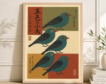 Mid-Century Japanese Bird Art Print, Retro Blue Bird Poster, Minimalist Animal Wall Decor