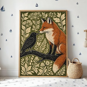 May include: A framed art print featuring a fox and a crow perched on a branch, set against a green floral background. The fox has orange and white fur, while the crow is black. The artwork is in a wooden frame.