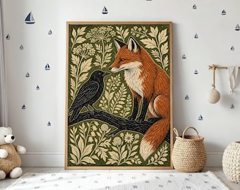 Fox and Crow Woodland Poster, Green Folk Art Textured Illustration Print