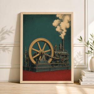May include: A framed vintage-style print of a steam engine. The artwork features a large yellow flywheel, intricate machinery details, and a plume of white smoke against a teal background. The engine sits on a red base.