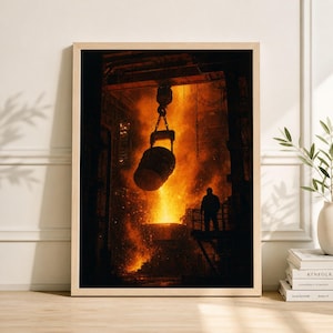 May include: A framed print depicting a fiery industrial scene. A large, cylindrical container is suspended above molten metal, with a silhouetted figure observing the process. The artwork is dominated by shades of orange and brown.