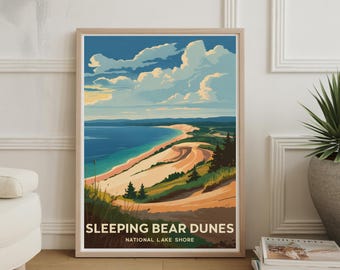 Sleeping Bear Dunes Travel Poster: Vintage Michigan Art Print