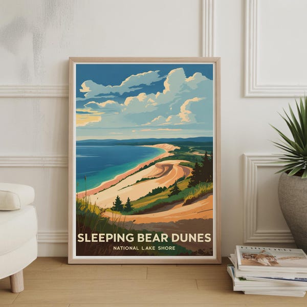Sleeping Bear Dunes Travel Poster: Vintage Michigan Art Print