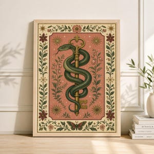 May include: A framed art print featuring a green snake coiled around a golden key. The artwork has a vintage aesthetic with a pink background, floral and star accents, and a butterfly at the bottom. The frame is light brown.