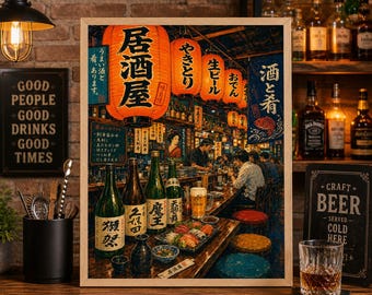 Poster di un Izakaya bar di Tokyo, arte giapponese per cocktail bar, arredamento asiatico