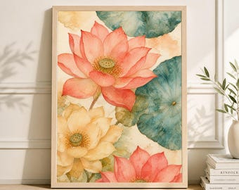 Póster floral en acuarela, arte mural de flor de loto, decoración botánica en rosa coral y verde azulado.