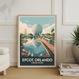 Peut inclure: Une affiche encadrée représentant EPCOT à Orlando, en Floride. L'œuvre d'art représente la sphère emblématique Spaceship Earth, un monorail et une voie navigable pittoresque avec des fleurs. L'affiche a une esthétique de voyage vintage avec le texte "EPCOT, ORLANDO UNITED STATES".