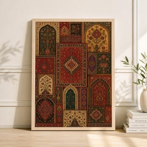 Persisk matta collagetryck, bohemisk orientalisk gobeläng väggkonst, bohemisk heminredning