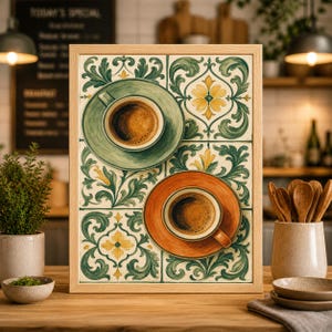 May include: Framed art print showing two coffee cups on saucers, one green and one orange, set against a decorative tile background with floral patterns. The artwork is in a wooden frame, ideal for kitchen or dining room decor.