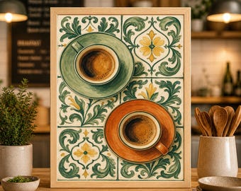 Mediterranean Coffee Cups Print, Painterly Tile Art, Minimalist Kitchen Decor