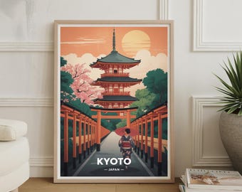 Kyoto skyline aquarel kunstafdruk, Japan reizen muur decor, Japanse thuiskantoor kunst