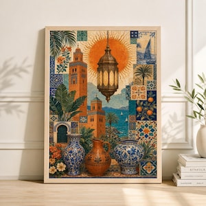 Könnte beinhalten: Ein gerahmter Kunstdruck mit einer lebendigen Illustration einer nahöstlichen Szene. Das Kunstwerk zeigt eine Sonne, Minarette, eine Hängelaterne und dekorative Vasen. Die Farbpalette umfasst Orange-, Blau- und Grüntöne und erzeugt eine warme Ästhetik.