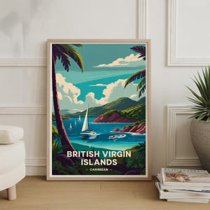 May include: A framed art print featuring a stylized illustration of the British Virgin Islands. The artwork depicts a tropical scene with sailboats on turquoise water, lush green hills, and palm trees under a blue sky with fluffy clouds. The text "British Virgin Islands - Caribbean" is at the bottom.