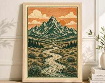 Mountain Valley Poster, Vintage Linocut Landscape Print, Green and Rust Wall Art