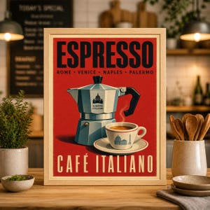 May include: A framed vintage-style poster with the word "ESPRESSO" in large black letters. Below, it reads "ROME • VENICE • NAPLES • PALERMO." The image features a blue and silver stovetop espresso maker and a cup of coffee. The words "CAFE ITALIANO" are at the bottom.