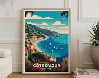 Côte d'Azur Travel Poster, French Riviera Art, Vintage Style France Decor