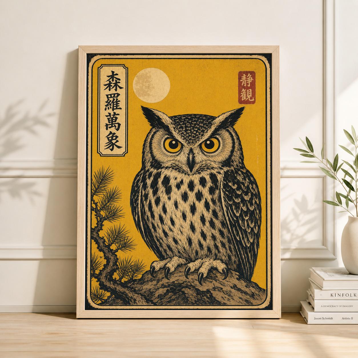 Japanese Owl Art Print, Vintage Woodblock Pop Art Illustration, Modern Wall Decor