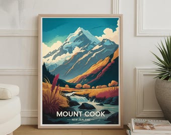 Mount Cook-poster - Nieuw-Zeelandse landschapsreiskunst, kantoordecoratie, avontuurlijke muurkunst