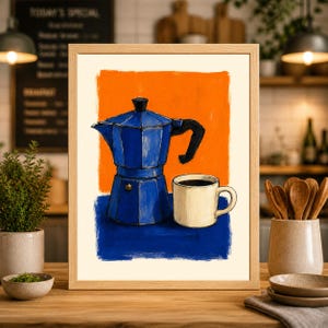 Moka Pot Coffee Art Prints, Blue and Orange Italian Espresso, Set of 2