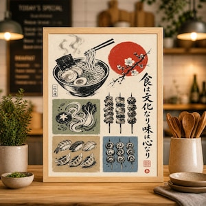 日本の食べ物ポスター：寿司、ラーメン、焼き鳥 – 水墨画風キッチンアート