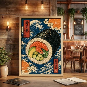 May include: A framed print featuring a large sushi roll with salmon, avocado, and cucumber, set against a blue background with white waves and orange slices. Japanese text is visible in red boxes. The artwork is displayed in a restaurant setting.