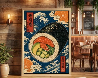 Póster de sushi azul / Ilustración de comida japonesa / Arte mural de rollos de sushi ukiyo-e